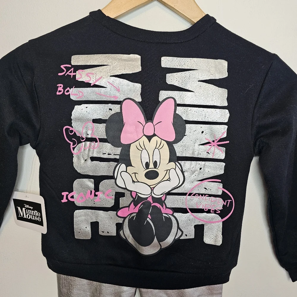 NWT Disney Minnie Mouse Outfit Set Black Sweatshirt Silver Metallic Leggings 5